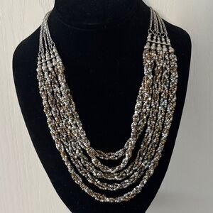 Elegant Multi-Strand Silver and Gold Beads Necklace